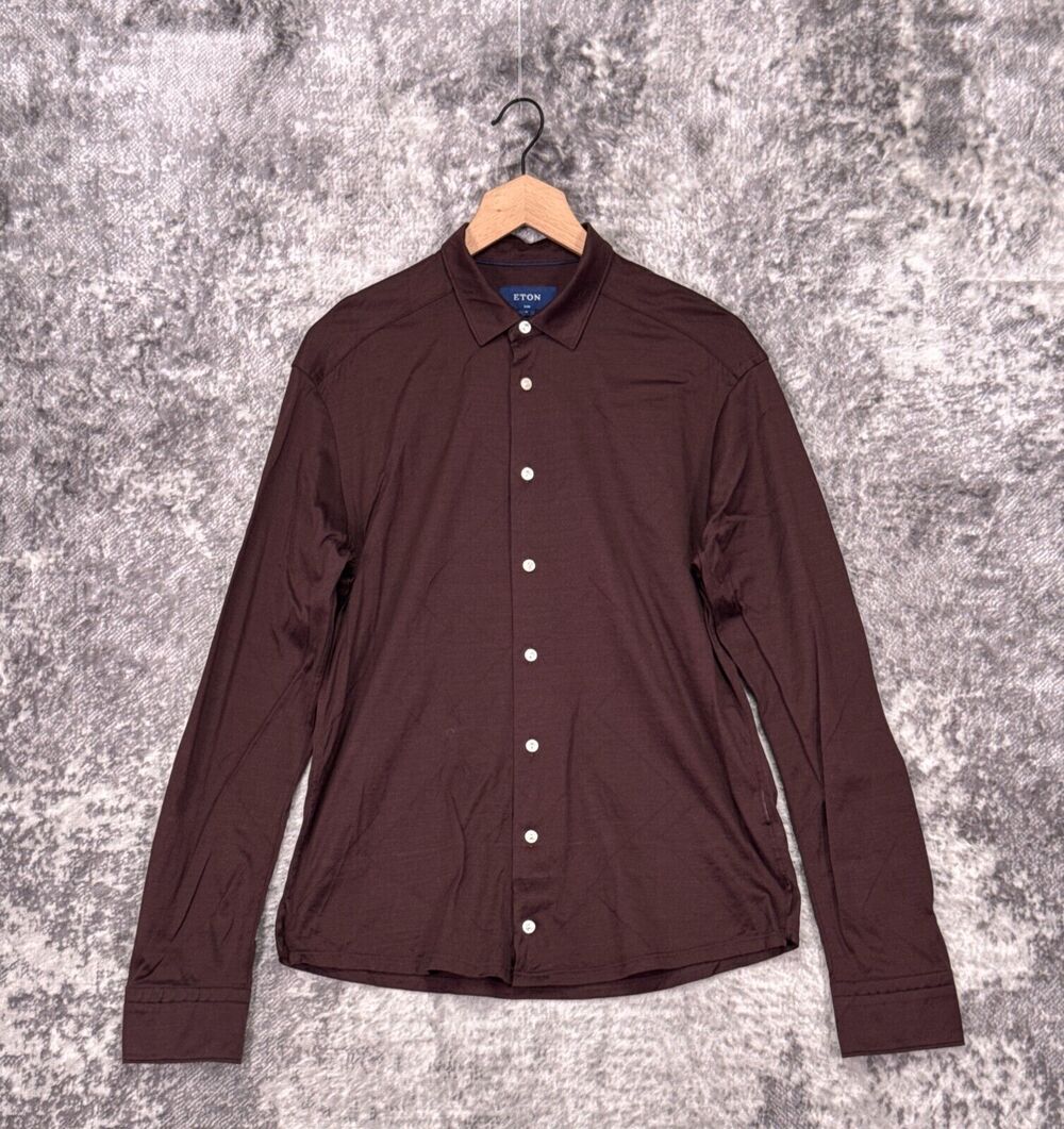 Eton Shirt Medium Mens Brown Knit Slim Fit Long Sleeve Button Casual